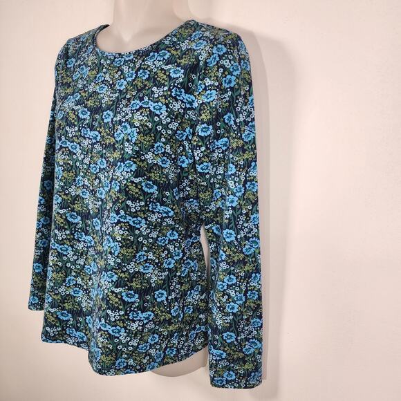Talbots Floral Fields Crew Neck Tee Cotton Blend Long Sleeve Stretch Blue Green - Picture 5 of 8